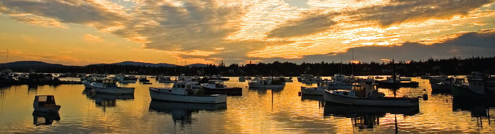 Boats in Bar Harbor at sunset.